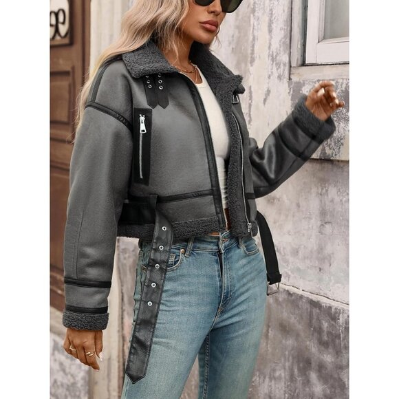 Women Faux Lamb Fur Leather Short Jacket Lapel Zipper Bomber Aviator Coat Grey - Picture 6 of 9
